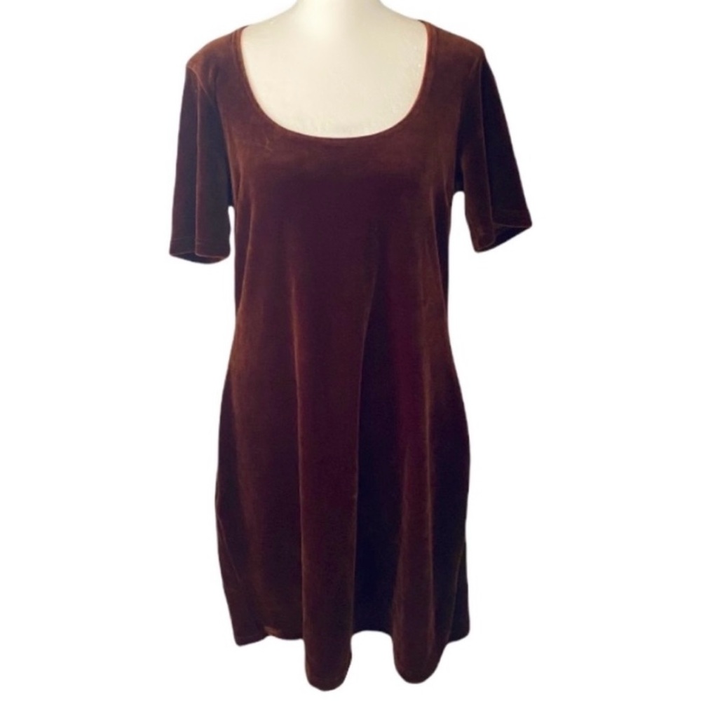 Vintage 90s / Y2K Velvet T-Shirt Dress in Chocolate Brown size women’s large L